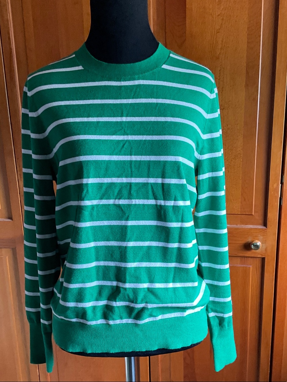 LOFT Green and White Striped Crewneck Sweater